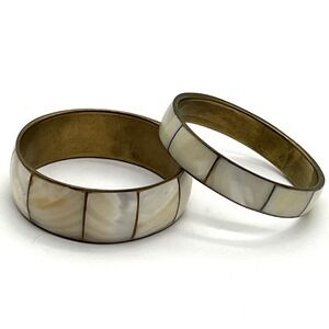 Vintage Mother of Pearl Bangle Bracelet Set Brass